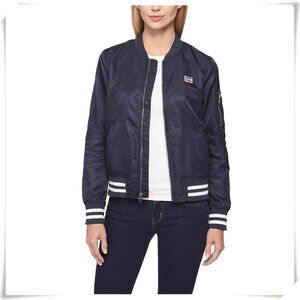 Levi's Retro Stripe Rib Knit Satin Bomber Jacket in Navy Blue Like New